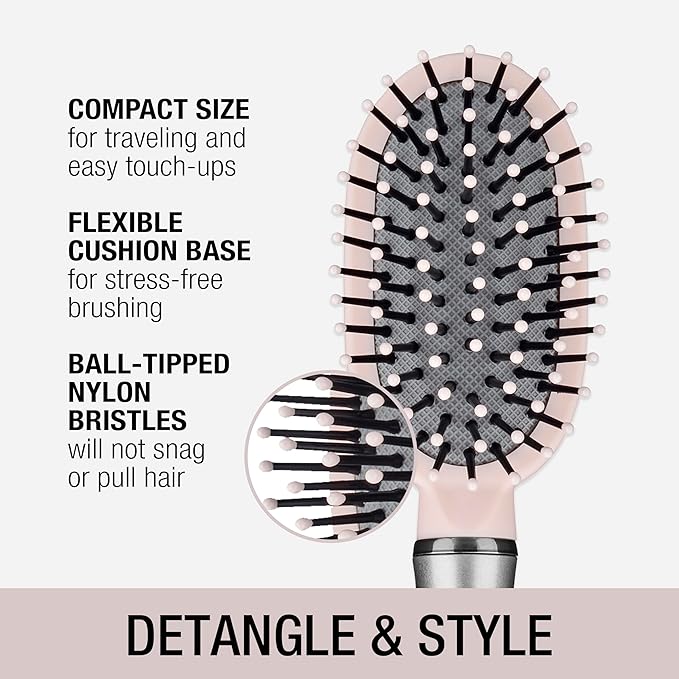 Conair Velvet Touch oval cushion hair brush - Travel Hairbrush- Detangling - curly or straight styles - detangler brushes - women or men - Blush Pink