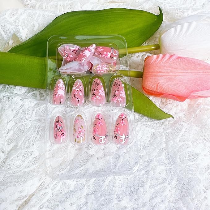 30Pcs Pink Flower Press on Nails Medium Almond Fake Nails with 3D Pearl Rhinestones Designs Glue on Nails Peach Blossom Acrylic Nails Cute Cat False Nails Bow Stick on Nails for Women Nail Supplies