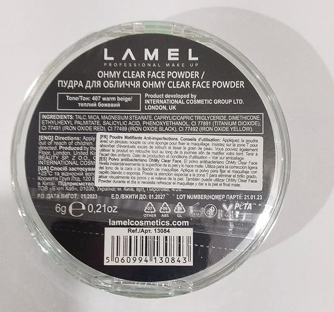 Lamel OhMy Clear Face Powder - Light Natural Coverage & Suet Control - Cruelty Free - Warm Beige N.407