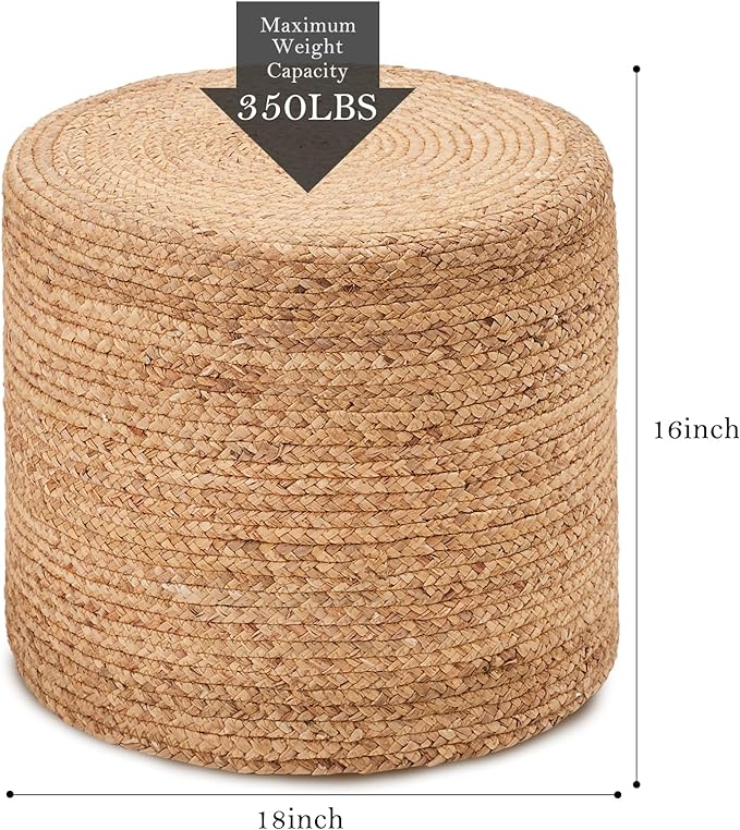 Wimarsbon 18'' Ottoman Pouf, Natural Braided Poof, Rustic Handweave Lounge Pouffe, Boho Footrest Stool for Bedroom, Accent Table or Seat for Living Room (Natural-LD)