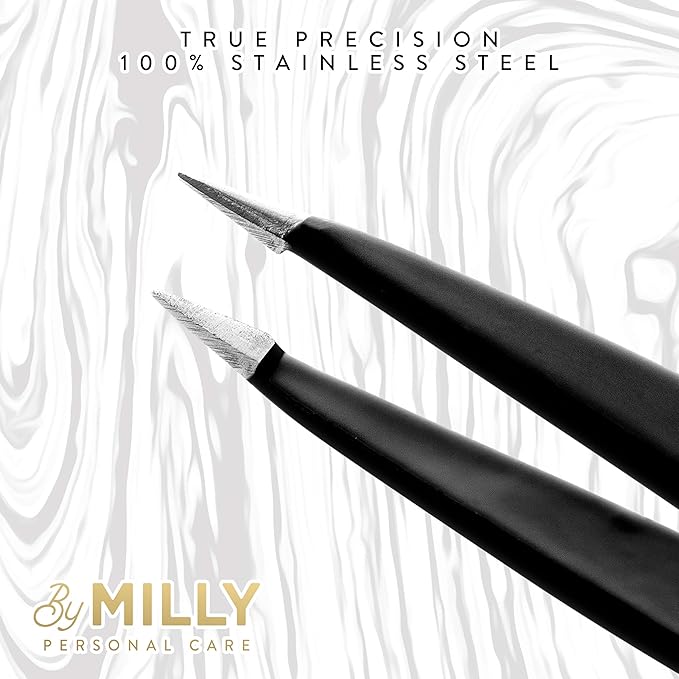 Pointed Tweezers | High Carbon Stainless Steel Needle Nose | Fine Point Precision Hair Removal | Perfectly Aligned & Hand-Filed Sharp | Black