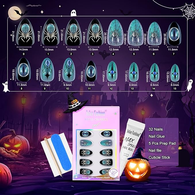 Press On Nails Halloween Almond - Spider Gem, Chameleon Cat Eye Effect Halloween Nails, Acrylic Square Short Halloween Fake Nails with Nail Glue, Stick On Nails in 16 Sizes - 32 PCS Soft Gel Kit