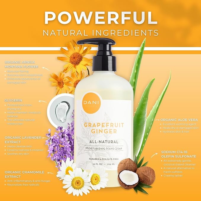 DANI Naturals Moisturizing Hand Soap – Grapefruit Ginger Scent, Hydrating, Sulfate-Free & Paraben-Free, 12 Oz Bottle with Pump, Gentle Cleansing for Dry Skin