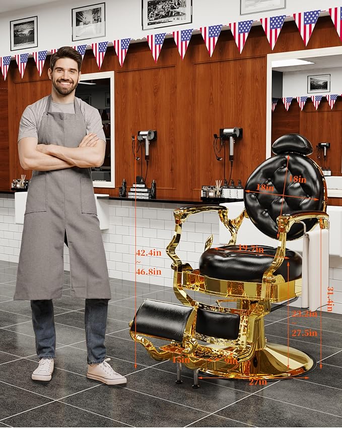 Baasha Vintage Reclining Barber Chair with Adjustable Headrest, Heavy-Duty Metal Frame & Cushion Support, Gold Trim Salon Chair, 550 lbs Capacity