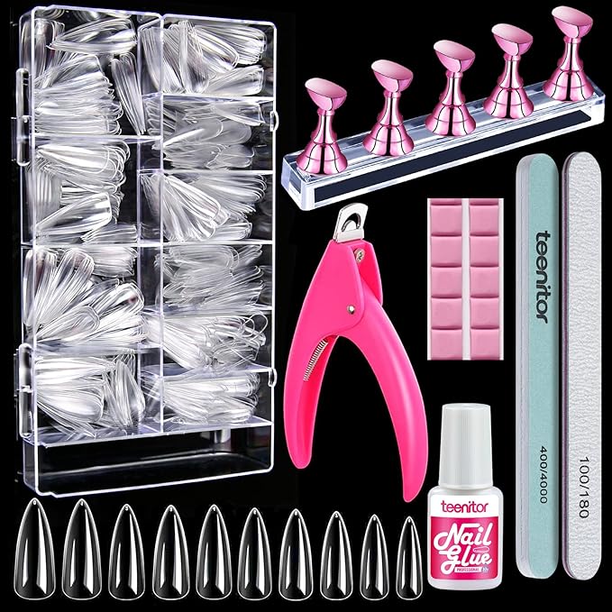 Teenitor Clear Nail Tips Full Cover, Long Stiletto Nails Tips For Acrylic Nails, 600 Pcs Almond Shape Fake Nails Tips With Glue, Acrylic Nail Clipper, Nail Stand Clear Glue On Nails