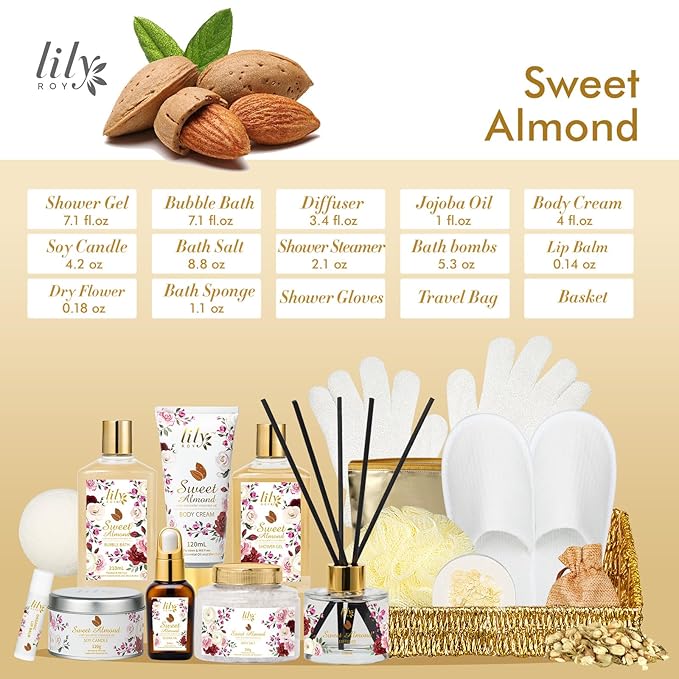 Mothers Day Gifts for Mom Spa Gift Basket Set for Women 17-Piece Almond Luxury Spa Gift Set Bath & Body Care Kit with Shower Gel, Body Cream | Valentine's, Christmas, Birthday Gifts for Her, Wife, Mom
