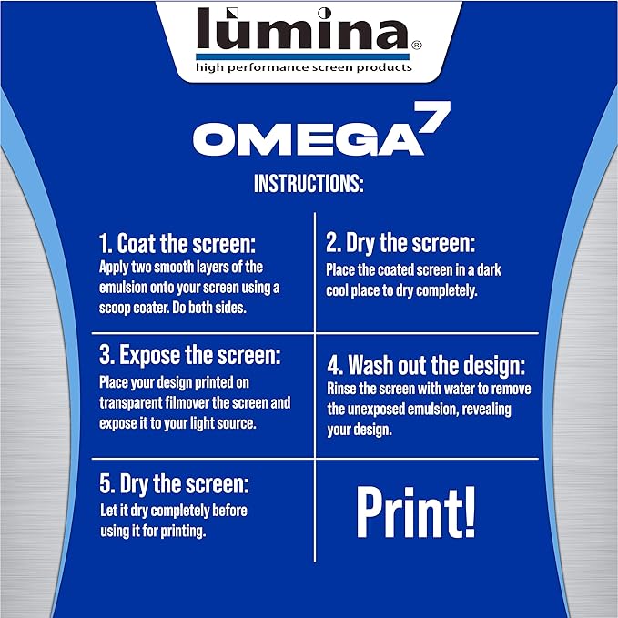 Lumi Omega 7 Blue Screen Emulsion (8 oz.) for Screen Printing Plastisol Ink, Water Based Ink and Discharge Ink - Hybrid SBQ-UV Technology - Screen Printing Supplies.