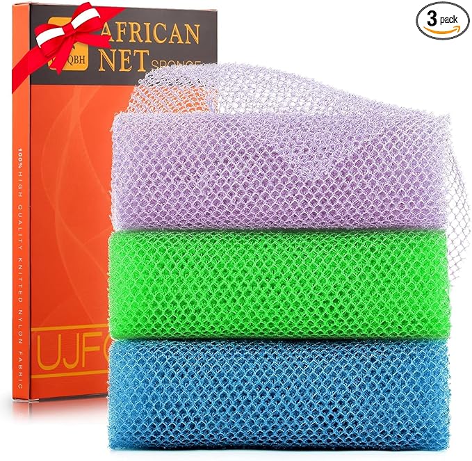 UJFQBH 3 Pieces African exfoliating net African Net Long Net Bath Sponge Exfoliating Shower Body Scrubber Back Scrubber Skin Smoother,Great for Daily Use (Purple, Blue, Green)