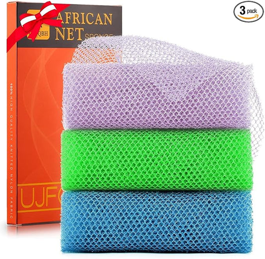 UJFQBH 3 Pieces African exfoliating net African Net Long Net Bath Sponge Exfoliating Shower Body Scrubber Back Scrubber Skin Smoother,Great for Daily Use (Purple, Blue, Green)