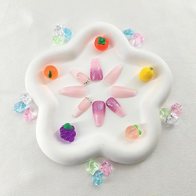 Coffin Press on Nails Medium White French Tip Gradient Fake Nails with Glitter Rhinestones Design False Nails Light Pink Transparent Glue on Nails Glossy Coffin Nails Press ons for Girls 24Pcs