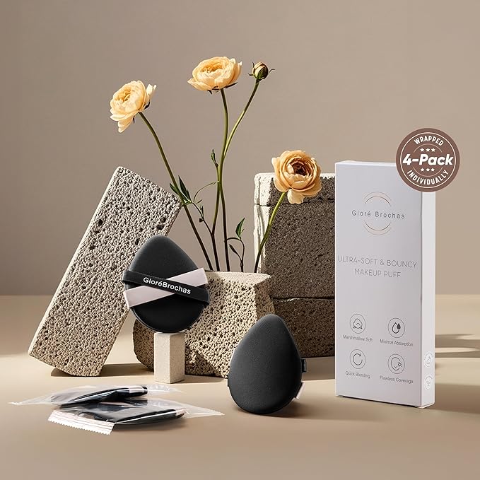 Makeup Sponge Set, GloréBrochas 4PCS Micro Porous Low Absorption Foundation Sponges, Latex-Free PU Cushion Puff, 3.2inches Soft Dual-Sided Black Powder Puff for Face Powder, Individually Wrapped