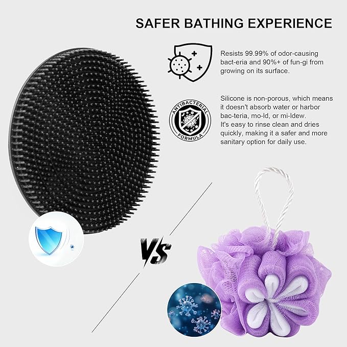 INNERNEED Food Grade Silicone Body Scrubber Gentle Exfoliating Brush for Women Men Deep Clean for All Skin Types, More Hygienic and Well Lather (Black+Dark Blue)