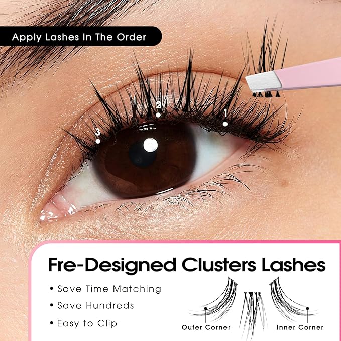 FADLASH Cluster Lashes Fluffy DIY Lash Extensions 2 Pairs Cat Eyed Individual Eyelash Clusters Wispy Sweetheart Curly Cluster Eyelash Extensions Reusable（WJ26+S1-TP03)
