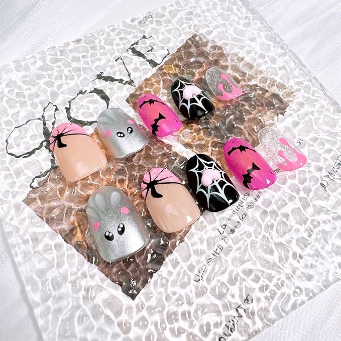 24pcs Halloween Press on Nails Short Almond Fake Nails with 3D Pumpkin Pink Heart Designs Cute Ghost False Nails Bat Spider Web Acrylic Nails Kit Full Cover Glue on Nail for Women Nail Decoration