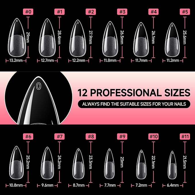 UNA GELLA Medium Stiletto Gel Nail Tips Halloween Full Cover 216Pcs Almond Shape Nails Tips Stiletto Pre etched Soft Gel Nails Tips Clear Fake False Nail Tips For Home Art Salon 12 Sizes