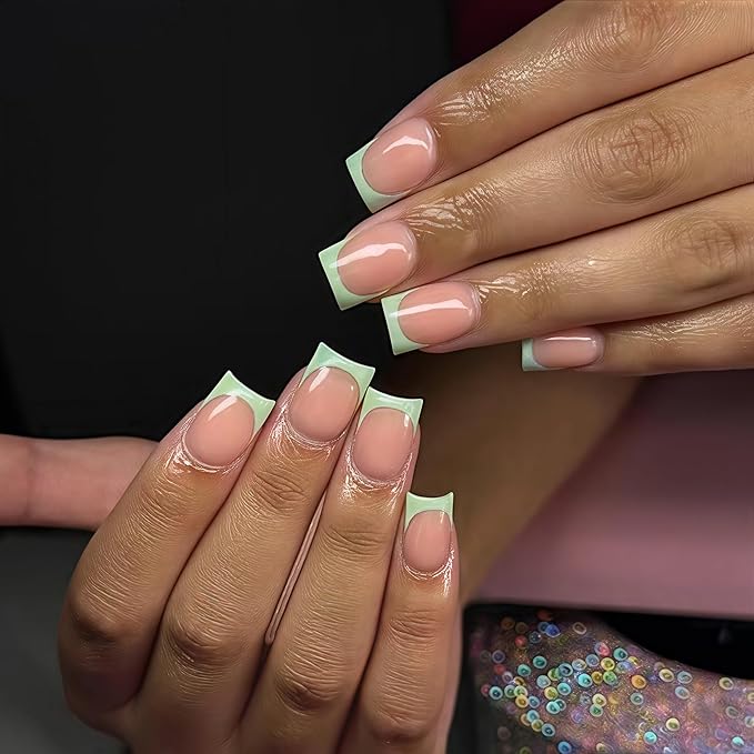 30 Pcs Light Green French Tip Press on Nails Short Square, Acrylic Fake Nails Press ons with Glue, Small Coffin Acrylic Natural Nude Glue on Nails for Women, 15 Sizes