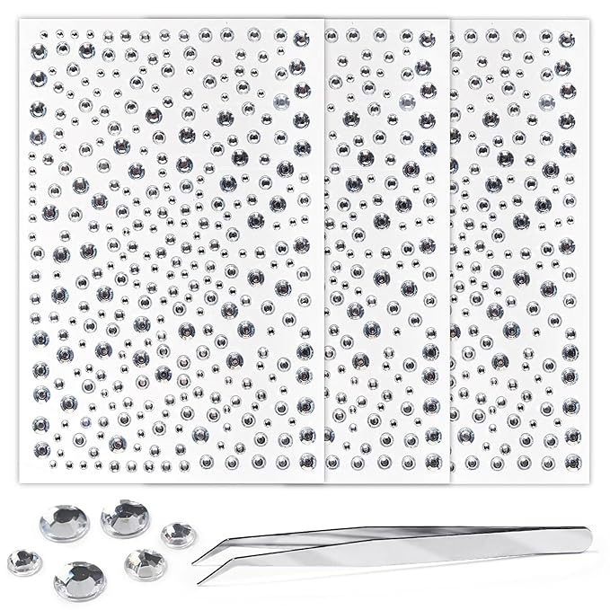 975Pcs Face Gems Hair Gems, Self-Adhesive Face Jewels Eye Jewels Rhinestones 3/4/5/6 mm DIY Face Gems Stick on, Hair Body Rhinestones Gems Crystals Pearls for Face Makeup, Crafts (gem_White)