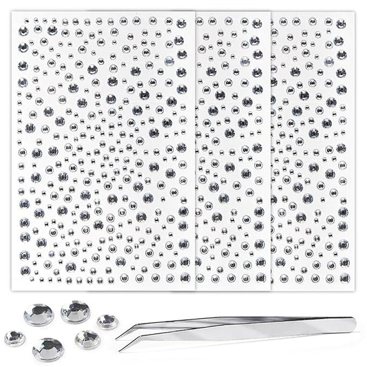 975Pcs Face Gems Hair Gems, Self-Adhesive Face Jewels Eye Jewels Rhinestones 3/4/5/6 mm DIY Face Gems Stick on, Hair Body Rhinestones Gems Crystals Pearls for Face Makeup, Crafts (gem_White)