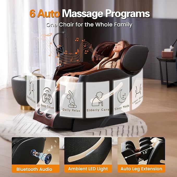 2025 Massage Chair Full Body, Zero Gravity Shiatsu Massage Recliner Chair, 10 Fixed Rollers, Waist and Foot Heating, 6 Auto Mode, Touch Screen Controller, Gift for Family (Brown)