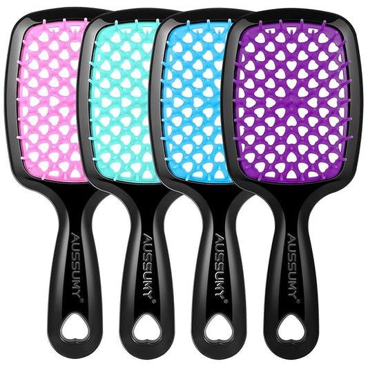 4 Pack Vented Detangling Hair Brush - Detangler Hairbrush with Soft Bristles for Effortless Tangle Free - Ideal for Wet Dry or Curly Damaged Hair for Women Men Kids