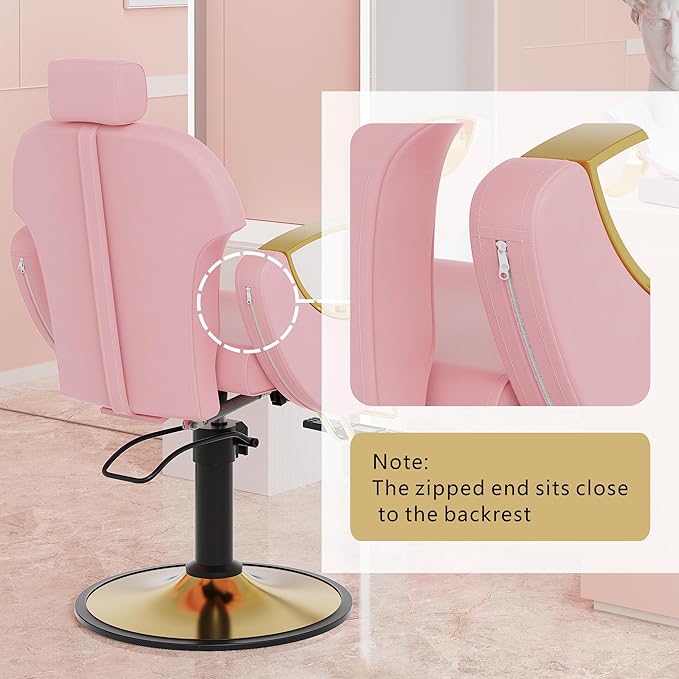 Barber Chair, Reclining Hair Salon Chair, 360 Degrees Swivel Styling Chair, Height Adjustable Hydraulic Shampoo Chairs, Spa Equipment (Pink)