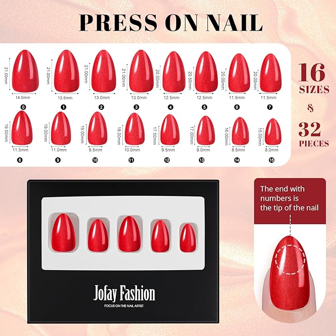 Red Press on Nails Almond, Jofay Fashion Soft Gel Fake Nails, Press on Nails, Reusable & Natural Acrylic False Nails, Stick on Nails for Women Girls Gift, Glue on Nails Kit 32 Pcs