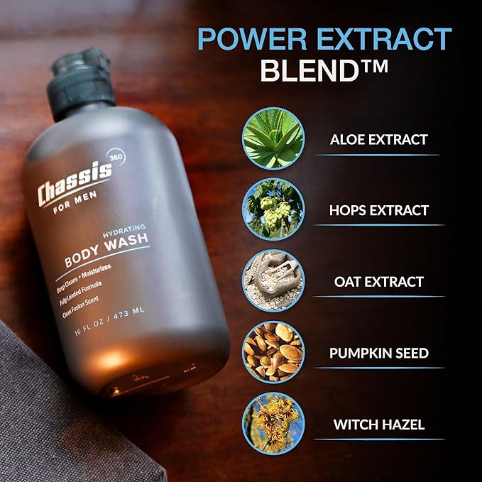 Chassis 360 Men's Body Wash - Maximum Hydration Liquid Body Cleanser for Men - Triple Foam Formula with Clean Fusion Scent - Suitable for All Skin Types - Sulfate & Paraben Free - 16 Fl Oz Bottle