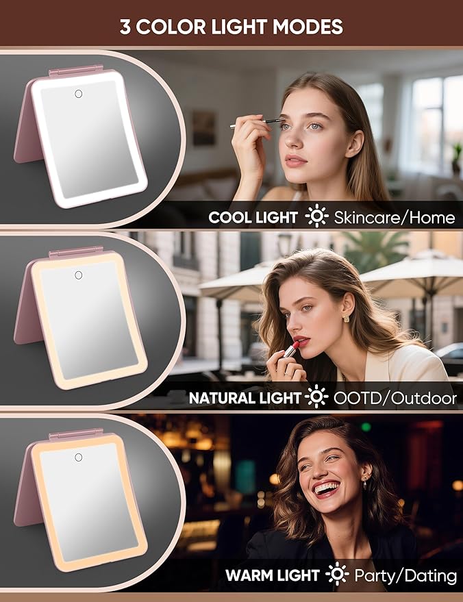 1X/10X Magnifying Makeup Mirror with 3 Colored Lights and Touch Control, 2700mAh Rechargeable LED Vanity Mirror for Home, Bathroom and Travel (Rose Pink, with LED Lights)