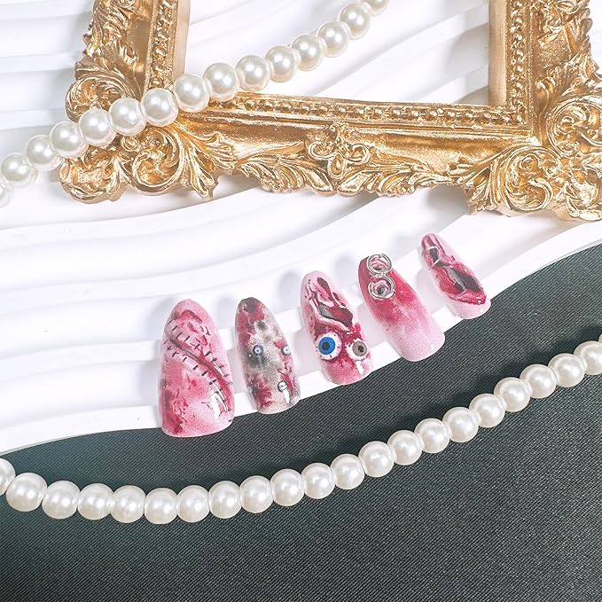 30pcs Horror Halloween Press on Nails Medium Almond Fake Nails with 3D Eyeball Designs Blood False Nails Kit Halloween Acrylic Nails Full Cover Stick on Nail for Women Holiday Nail Decoration