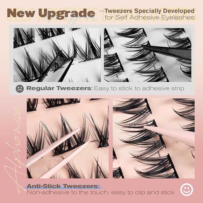 Self Adhesive Eyelashes Manga Lash Clusters No Glue Needed Self Adhesive Lashes 10-16mm Eyelash Clusters Press on lashes Natural C-Curly Pre Glued Eyelashes with Anti-Stick Tweezers by ALPHONSE