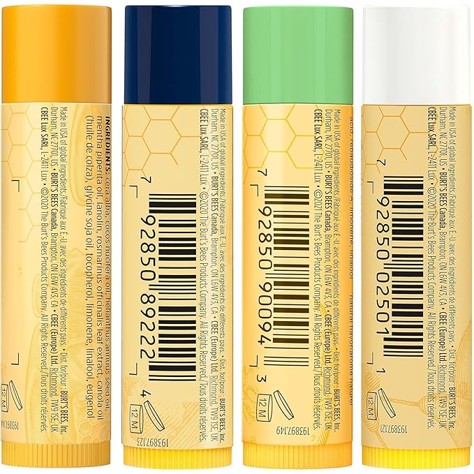 Burt's Bees Holiday Gift, 4 Lip Balms Stocking Stuffer, Assorted Mix Set, Classic Beeswax, Vanilla, Cucumber Mint & Coconut And Pear