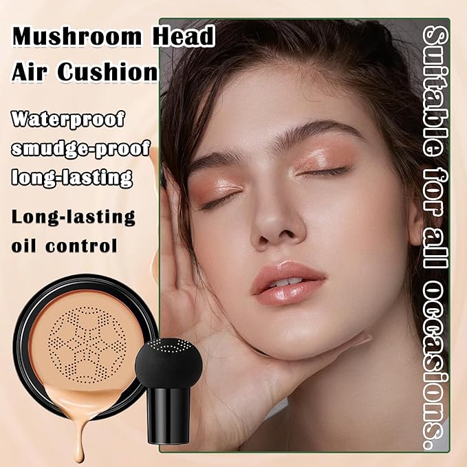 Air Cushion CC Cream Mushroom Head Foundation,Full Coverage Liquid Makeup Foundation,Oil Control Long Lasting Moisturizing BB Cream Foundation Makeup,Matte Concealer for All Skin Types(Natural)