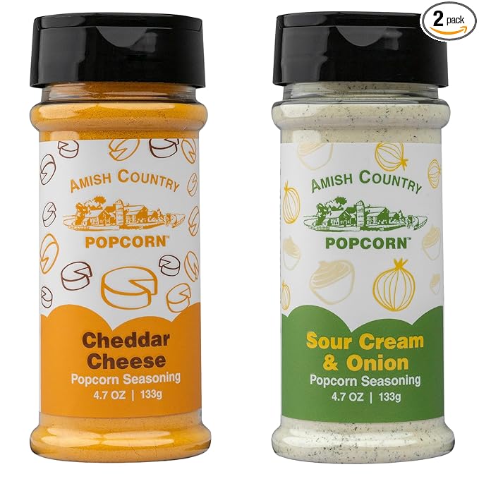 Amish Country Popcorn | Seasoning Variety Pack | Sour Cream and Onion & Cheddar Cheese Popcorn Topping | 2 Pack Flavor Variety Bundle | Old Fashioned, Non-GMO and Gluten Free