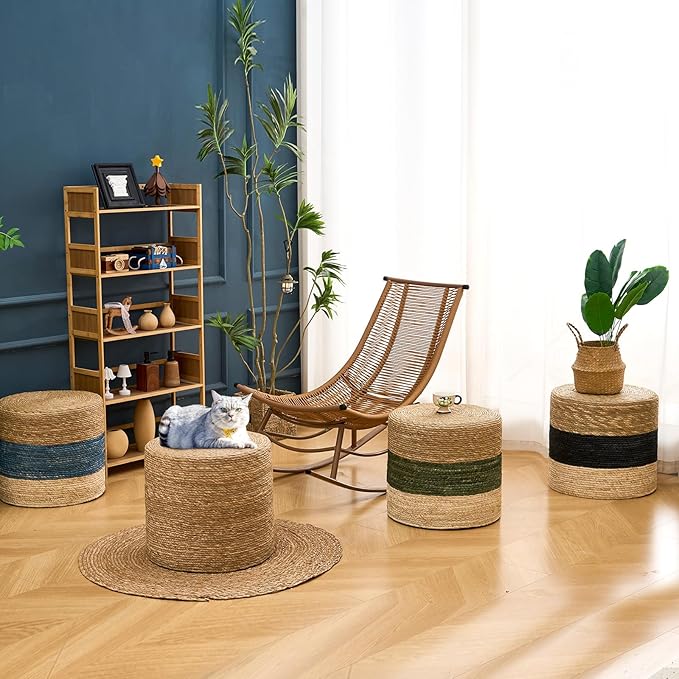 Wimarsbon 18'' Ottoman Pouf, Natural Braided Poof, Rustic Handweave Lounge Pouffe, Boho Footrest Stool for Bedroom, Accent Table for Living Room (18inch Natural Cattail + Black Corn Husk)