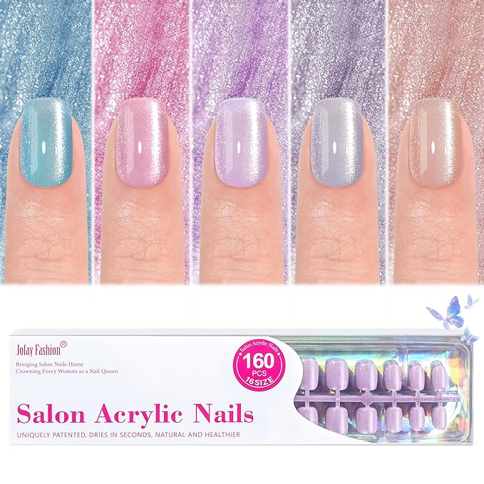 Press on Nails Short 5 Styles, Jofay Fashion 160Pcs Summer Cat Eye Press on Nails for Women, Reusable Opaque Gel Fake Nails, Square Glue On Nails Kit in 16 Sizes, Bubbles