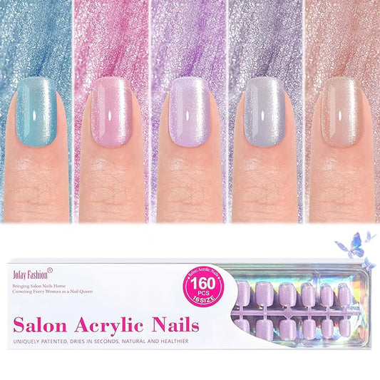 Press on Nails Short 5 Styles, Jofay Fashion 160Pcs Summer Cat Eye Press on Nails for Women, Reusable Opaque Gel Fake Nails, Square Glue On Nails Kit in 16 Sizes, Bubbles