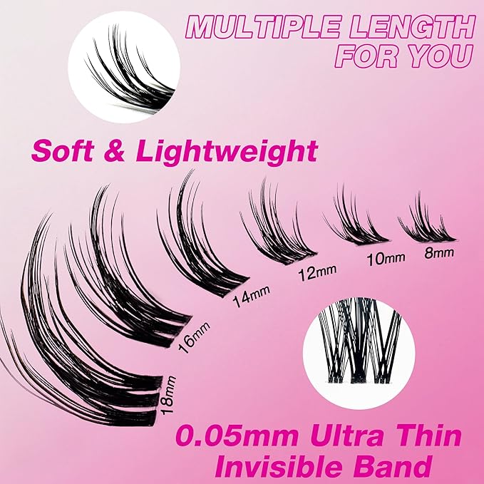 VEYESBEAUTY Lash Clusters Kit Eyelash Extensions Thin & Invisible Band Individual False Eyelashes Newbie's Five-Second Series Wispy Lash Tray for Self-application, Camellia Lashes 8-18mm Mixed Length