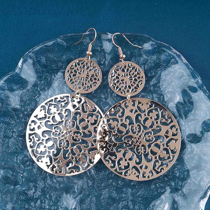 Filigree Hollow Disc Dangle Drop Earrings Boho Gold Ethnic Carved Flower Earrings Double Round Disc Drop Earrings Statement Hook Earrings Wedding Bridesmaid Jewelry for Women and Girls