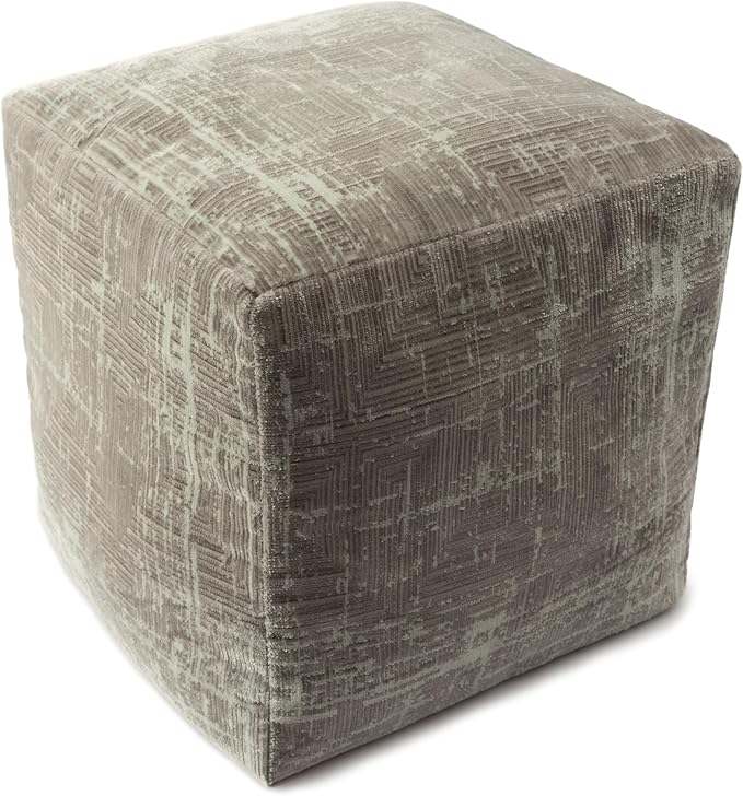 LR Home Transitional Distressed Geometric Gray/Ivory Polyester Blend Cube Pouf for Home Decor | Indoor Foot Rest for Living Room & Bedroom | 18 x 18 x 18 Stuffed Ottoman for Seating