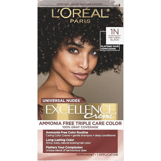 L’Oreal Paris Excellence Universal Nudes Permanent Hair Color, Ammonia Free Hair Dye for Gray Hair Coverage, 1N Natural Black, 1 Hair Dye Kit
