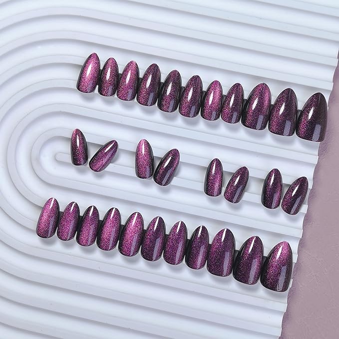 KQueenest Press On Nails Short - Purple to Black Press On Nails Almond Shape, Glitter Cat Eye Fake Nails with Nail Glue, Reusable Cute Dark Gel Glue On Nails with Color-Shifting Glow, 30 Pcs