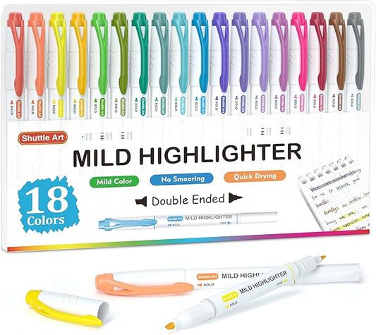 Shuttle Art Pastel Highlighters, 18 Colours Dual Tip Highlighters, Highlighter Markers Assorted Colours, Perfect for Colouring, Underlining, Highlighting, Journaling in School Office Home