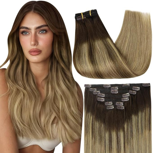 Full Shine Balayage Hair Extensions Clip in 20 Inch Dark Brown Ombre Ash Brown Mix Honey Blonde Balayage Remy Hair Extensions Clip in Human Hair 120 G 7 Pcs