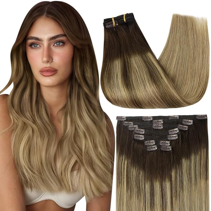 Full Shine Balayage Clip in Hair Extensions 14 Inch Dark Brown Ombre Ash Brown And Dirty Blonde Seamless Clip in Hair Extensions Human Hair 7 Pcs Remy Hair Clip ins Extensions 120 G