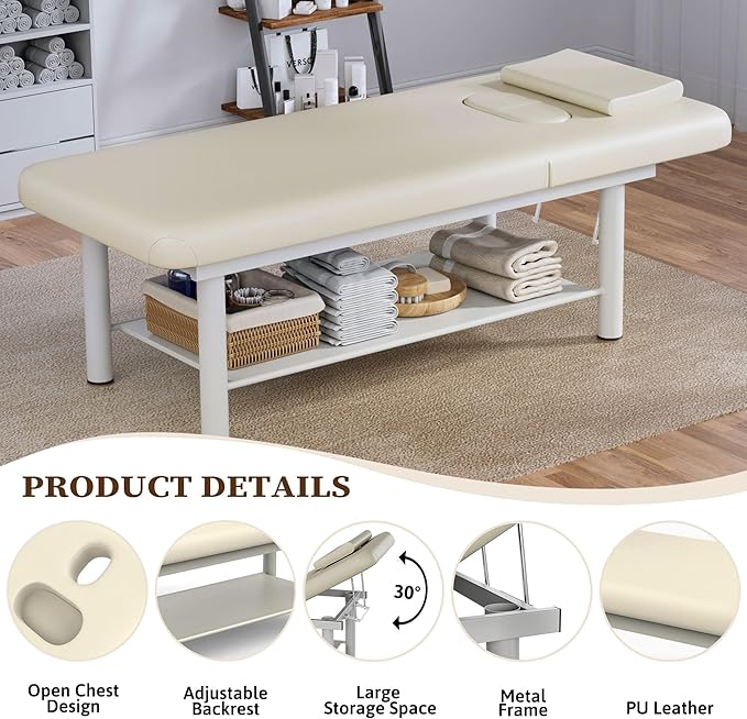 Olela Heavy Duty Stationary Massage Table with Adjustable Backrest, 31.5" Wide Professional Spa Facial & Therapy Bed, Metal Frame PU Leather Treatment Table for Salon & Clinic