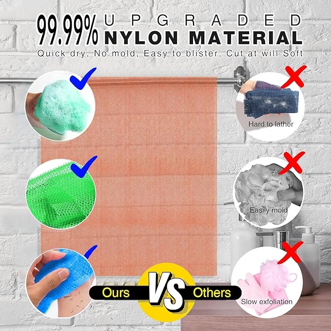 UJFQBH 3 Pieces African exfoliating net African Net Long Net Bath Sponge Exfoliating Shower Body Scrubber Back Scrubber Skin Smoother,Great for Daily Use (Purple, Blue, Green)