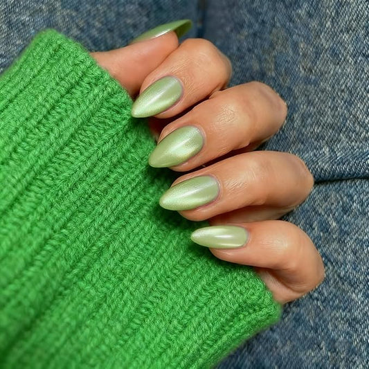 KQueenest Press On Nails Short - Light Green Press On Nails Almond Shape, Glitter Cat Eye Fake Nails with Nail Glue, Reusable Cute Bright Gel Glue On Nails with Color-Shifting Glow, Matcha, 30 Pcs