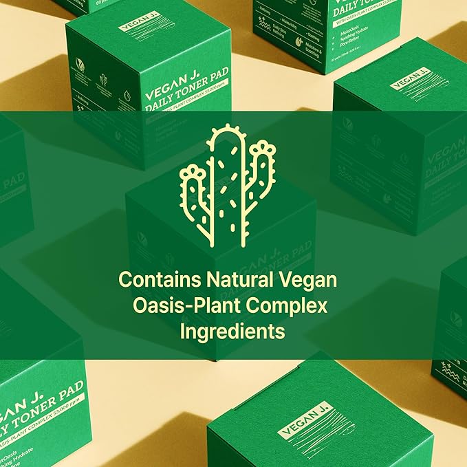 Vegan J Daily Toner Pads | Exfoliating, Hydrating, Moisturizing | Vegan K-Beauty | Oasis-Plant Complex 53,000ppm | Pore Refining & Skin Soothing | 100% Cotton (60 Pads)
