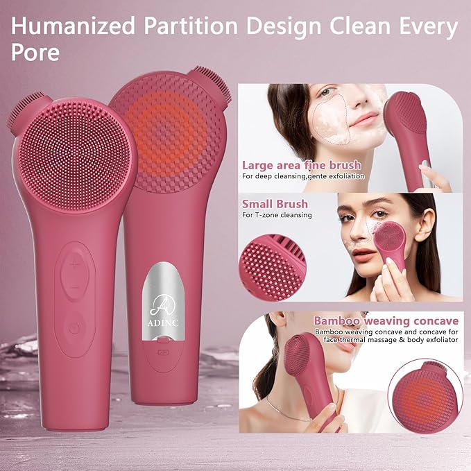 Silicone Face Scrubber, Waterproof Rechargeable Facial Cleansing Brush, 5 Cleansing Modes with Nose Brush for Women & Men Electric Facial Tool for Deep Cleaning Exfoliating, Massaging Berry