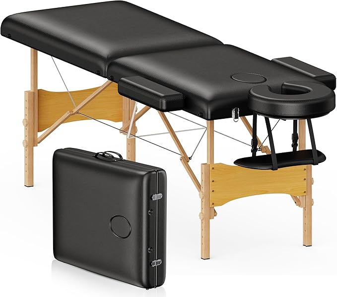 Brelley Massage Table Portable Wooden Lash Bed 24" Wide Adjustable Height 2-Fold Spa Table Foldable Tattoo Bed (Black)